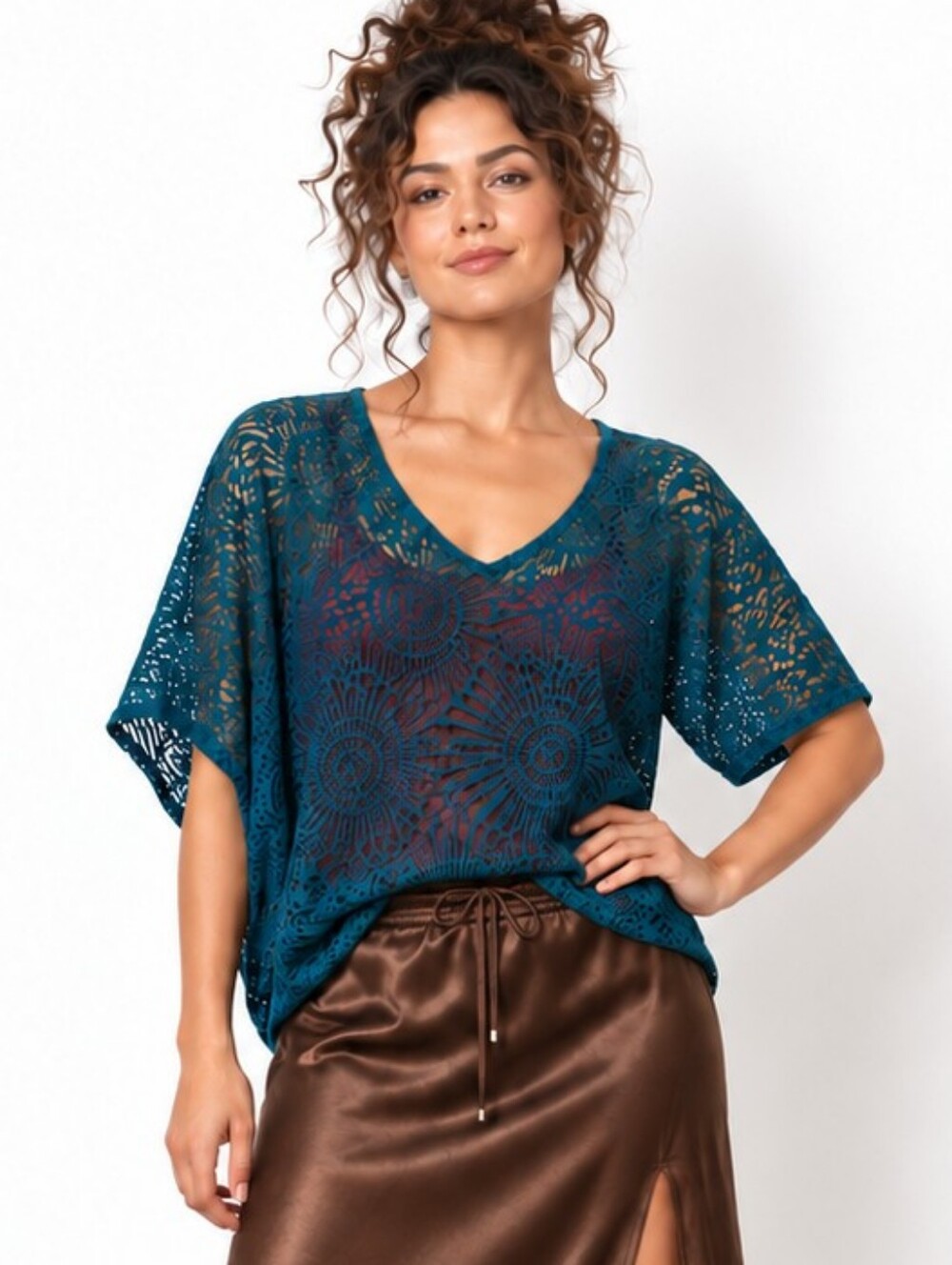 White House Black Market Teal Sheer Lace Dolman Blouse XXS Oversized Boho Chic